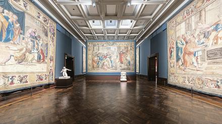 Wolle, Seide, Leinen. Die Teppiche dürfen aus konservatorischen Gründen nur selten in der Gemäldegalerie Alte Meister gezeigt werden.