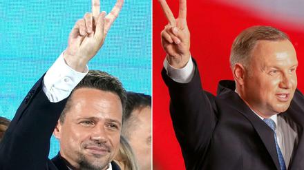 Zwei Sieger: Amtsinhaber Andrzej Duda (rechts) gewinnt die erste Runde klar. Aber die Chancen für Herausforderer Rafal Trzaskowski in der Stichwahl am 12. Juli steigen.