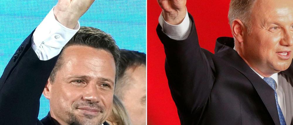 Zwei Sieger: Amtsinhaber Andrzej Duda (rechts) gewinnt die erste Runde klar. Aber die Chancen für Herausforderer Rafal Trzaskowski in der Stichwahl am 12. Juli steigen.