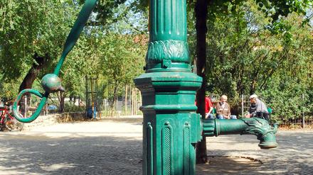 Der Klassiker: Eine Schwengelpumpe aus dem 19. Jahrhundert am Boxhagener Platz in Berlin-Friedrichshain.