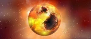 Der Rote Überriese Beteigeuze ist von großen Sternflecken bedeckt, die seine Helligkeit vermindern. (Künstlerische Darstellung)