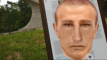 Das Phantombild des mutmaßlichen Täters. Im Hintergrund der Tatort in Kleinmachnow: das Panzerdenkmal.