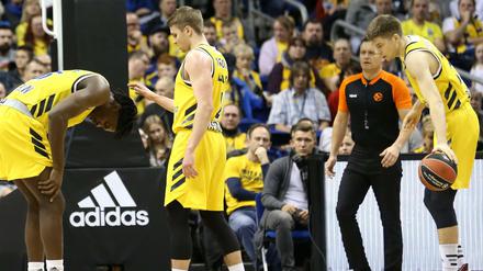 Nicht mehr in Gelb: Landry Nnoko, Makai Mason und Rokas Giedraitis (von links nach recht) verlassen Alba Berlin.