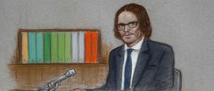 Johnny Depp im Zeugenstand, gezeichnet von Julia Quenzler.