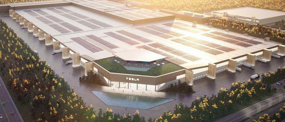 Diese Simulation von der fertigen Fabrik twitterte Tesla-Chef Elon Musk nach der Freigabe der Rohbauarbeiten.