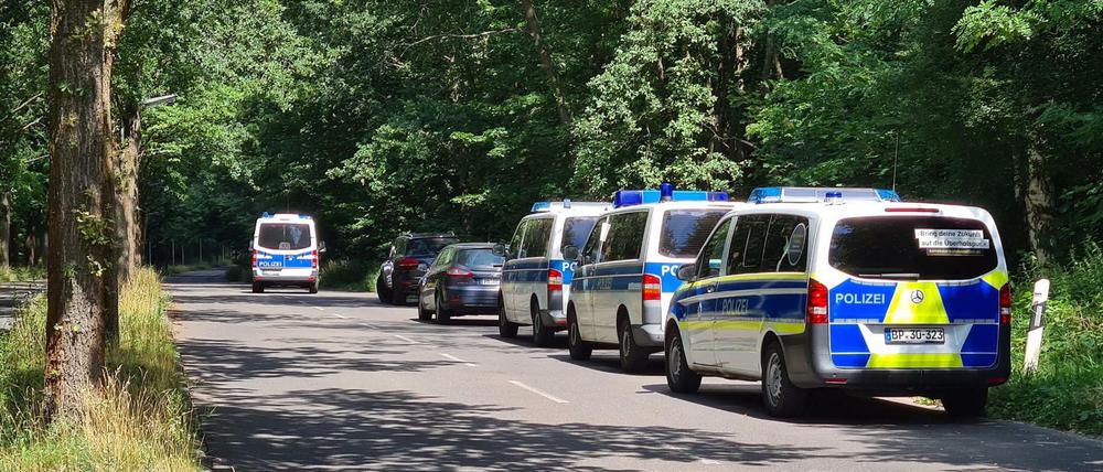 Die Potsdamer Polizei suchte am Dienstag nach dem Mann, der in einem Wald bei Potsdam eine junge Frau vergewaltigt haben soll.