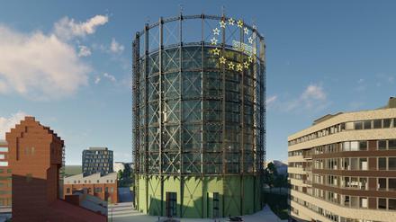 Das Modell des zugebauten Gasometers: Hier soll Platz für knapp 2000 Arbeitsplätze entstehen. Der Gasometer ist 78 Meter hoch. 
