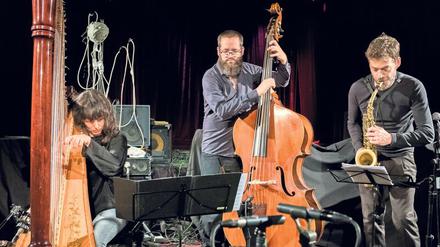 Feingliedrige Improvisationskunst. Das Kathrin Pechlof Trio mit Robert Kandfermann am Bass und Christian Weidner am Altsaxogon bei einer Kollektiv Night 2018 im Kreuzberger Tiyatrom.