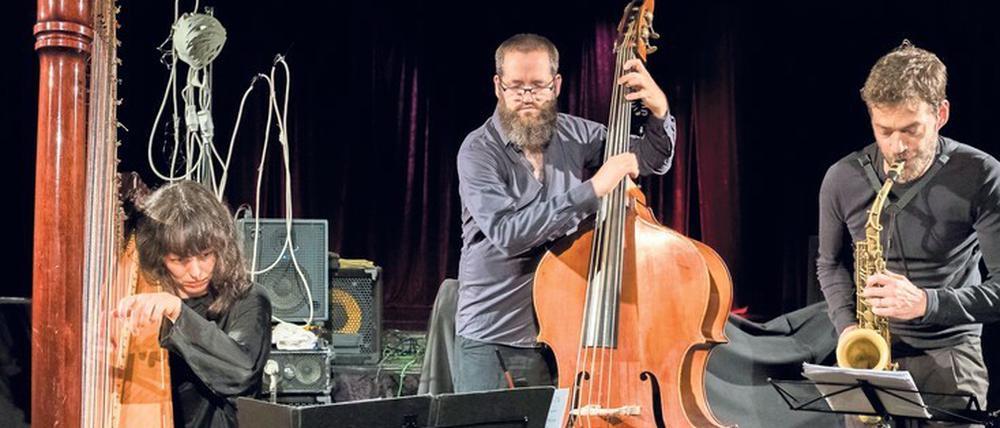 Feingliedrige Improvisationskunst. Das Kathrin Pechlof Trio mit Robert Kandfermann am Bass und Christian Weidner am Altsaxogon bei einer Kollektiv Night 2018 im Kreuzberger Tiyatrom.