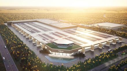E-Autos vom laufenden Band. So soll die Tesla-Fabrik in Grünheide aussehen.