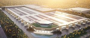 E-Autos vom laufenden Band. So soll die Tesla-Fabrik in Grünheide aussehen.