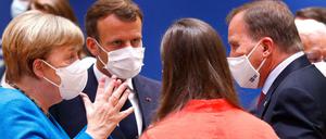 Bundeskanzlerin Angela Merkel (CDU) mit Präsidenten Emmanuel Macron, der finnischen Ministerpräsidentin Sanna Marin und dem schwedischen Ministerpräsidenten Stefan Lofven.