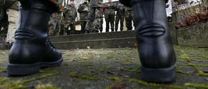 Stiefel eines Soldaten während einer Reservistenübung der Bundeswehr in Wernau.