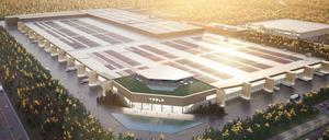 Das von Tesla zur Verfügung gestellte Handout zeigt eine graphische Darstellung der Tesla Gigafactory Berlin in Grünheide. Durch die Batteriefabrik könnte das Gelände noch weiter wachsen.