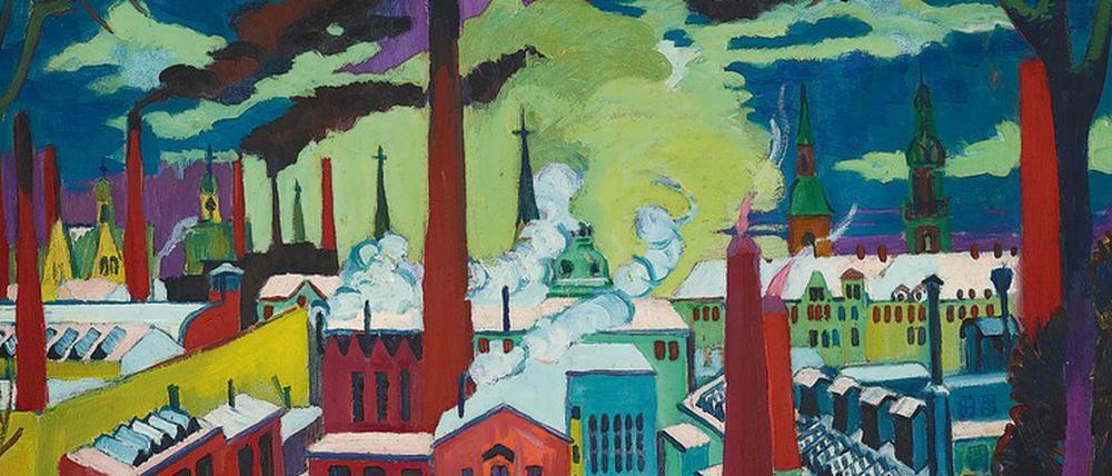 Industrielandschaft mit Schornsteinen. Ernst Ludwig Kirchner malte die „Chemnitzer Fabriken“ nach einem Besuch in der Stadt 1926.