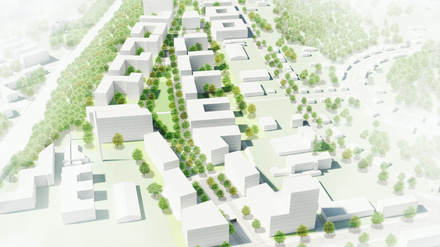 Visualisierung des neuen Stadtquartiers aus südlicher Perspektive.