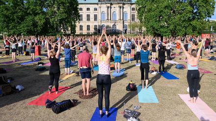 Zahlreiche Teilnehmer stehen während eines Yoga-Kurses auf einer Wiese in Dresden. 