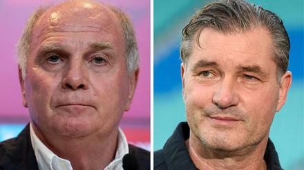 Schon in Stimmung. Uli Hoeneß (l.) stichelt gegen Dortmund, das in person von Michael Zorc zurückschlägt.