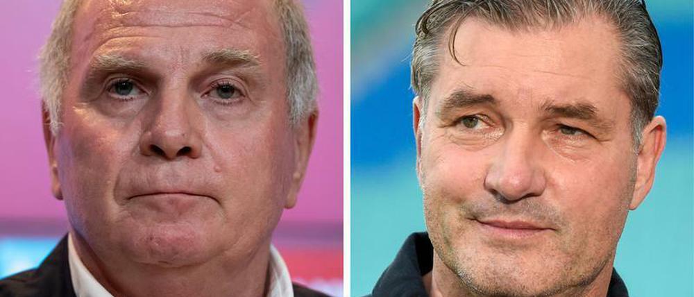 Schon in Stimmung. Uli Hoeneß (l.) stichelt gegen Dortmund, das in person von Michael Zorc zurückschlägt.