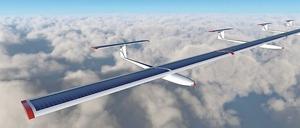 Illustration eines Stratosphärenflugzeugs mit Solarzellen auf den Tragflächen über einer geschlossenen Wolkendecke