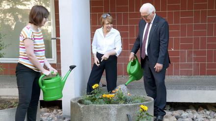 Bundespräsident Frank-Walter Steinmeier und seine Frau Elke Büdenbender pflanzen mit Sonja Rinne eine Sonnenblume.