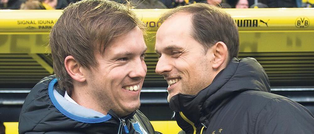 Einst Augsburg, jetzt Champions-League-Halbfinale: Thomas Tuchel (r.) hat Julian Nagelsmann in der U 23 des FCA trainiert – und ihn für den Trainerjob begeistert.