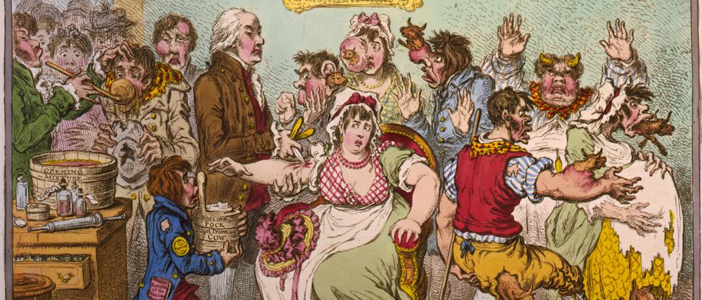 Nur ein kleiner Piks. Karikatur des britischen Satirikers James Gillray, inspiriert von der Pockenimpfung in London.