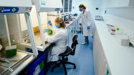 Zwei Mitarbeiterinnen demonstrieren die Arbeit im Labor der mobilen Corona-Teststation in Mannheim.