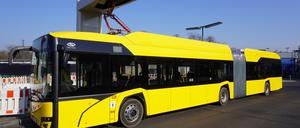 Ein Elektro-Gelenkbus unter der Ladesäule an der Hertzallee nahe dem Bahnhof Zoo