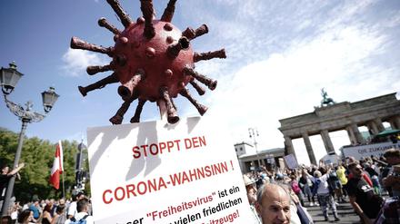 Ein Demonstrant trägt ein Schild mit der Aufschrift "Stoppt den Corona-Wahnsinn".