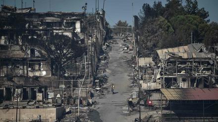 Das zerstörte Camp in Moria auf der Insel Lesbos.
