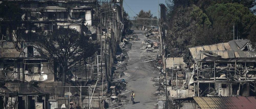 Das zerstörte Camp in Moria auf der Insel Lesbos.