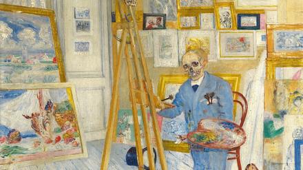Das prophetische Selbstporträt. Nachdem James Ensor sein Atelierbildnis 1896 bereits fertiggestellt hatte, übermalte er das Gesicht nachträglich mit einem Totenkopf und nannte es fortan „Das malende Skelett“. 
