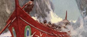 Wogende Wellen. Die Argo auf hoher See. Ilustration aus dem Jahr 2018.