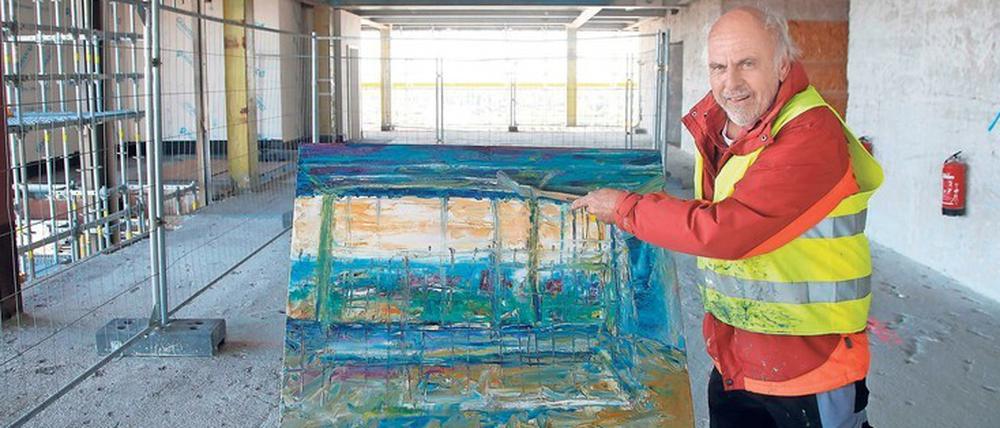 André Krigar und Diether Münchgesang bevorzugen die Pleinair-Malerei. Aber so hoch wie im Steglitzer Kreisel kommen selten.