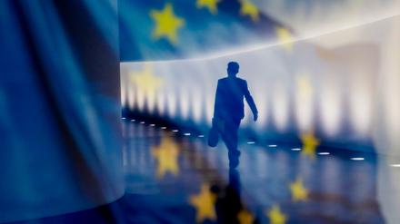 Eine EU-Flagge, die auf einer Info-Wand abgebildet ist, spiegelt sich