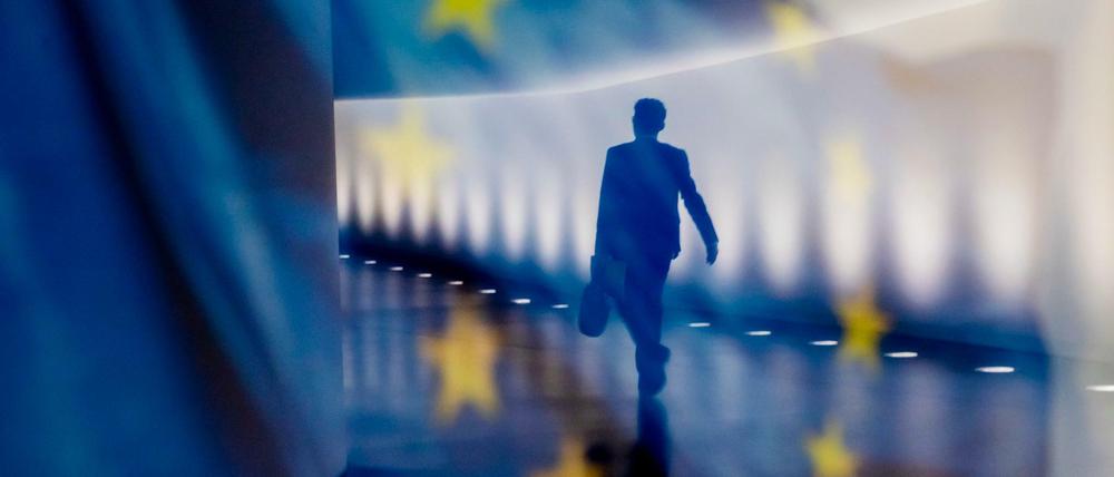 Eine EU-Flagge, die auf einer Info-Wand abgebildet ist, spiegelt sich