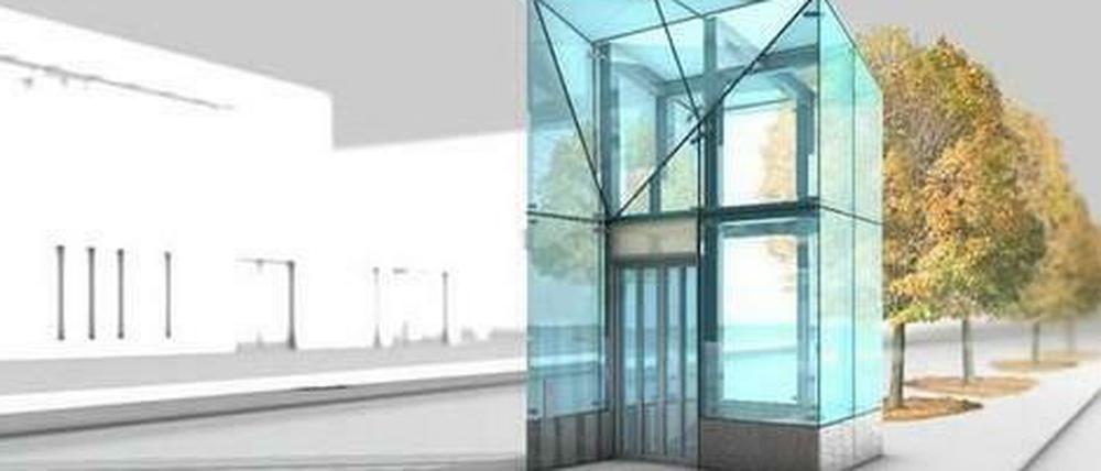 Illustration des geplanten Aufzugs am U-Bahnhof Bayerischer Platz in Berlin-Schöneberg.