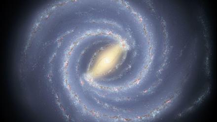 Darstellung der Milchstraße mit Schwarzem Loch im Zentrum. Das Sonnensystem liegt in der Zeichnung in einem der unteren Spiralarme der Galaxie. 