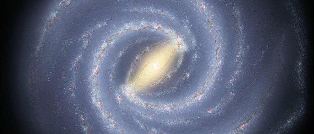 Darstellung der Milchstraße mit Schwarzem Loch im Zentrum. Das Sonnensystem liegt in der Zeichnung in einem der unteren Spiralarme der Galaxie.