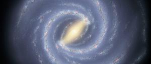 Darstellung der Milchstraße mit Schwarzem Loch im Zentrum. Das Sonnensystem liegt in der Zeichnung in einem der unteren Spiralarme der Galaxie. 