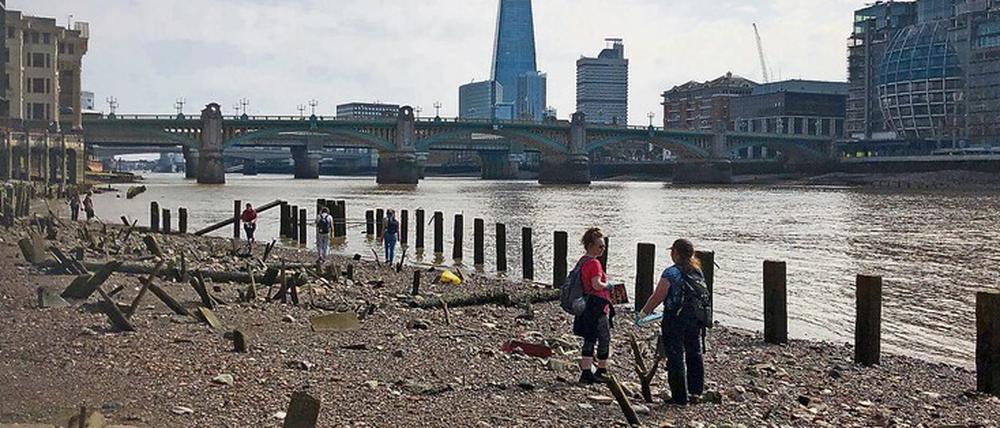 Matschiges Mudlarking. Die Themse wurde jahrhundertelang als Abfalleimer genutzt.