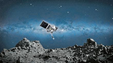 Aus dem Vollen. Die Sonde soll sich Bennu nähern und an einem drei Meter langen Arm einen Becher zur Oberfläche führen. Mindestens 60 Gramm Staub und Gesteinsbrocken, die ein Stickstoffstrahl aufwirbelt, sollen so gesammelt werden.