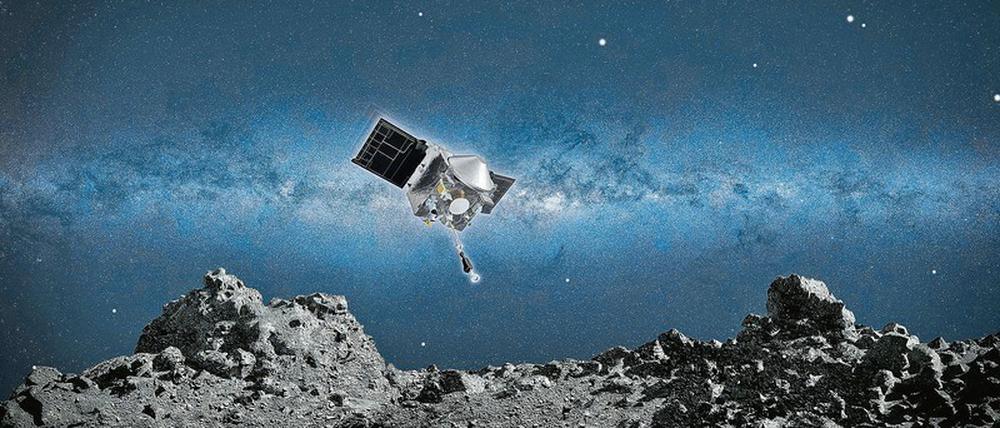 Aus dem Vollen. Die Sonde soll sich Bennu nähern und an einem drei Meter langen Arm einen Becher zur Oberfläche führen. Mindestens 60 Gramm Staub und Gesteinsbrocken, die ein Stickstoffstrahl aufwirbelt, sollen so gesammelt werden.