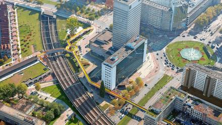 Gelbe Spinne. Die weitläufige Fußgängerbrücke „Luchtsingel“ in Rotterdam, die ein bis dahin wenig einladendes Quartier entlang der Bahn zugänglich macht.