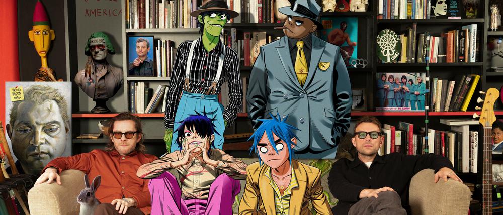 Die Gorillaz mit ihren Schöpfern Jamie Hewlett (links) und Damon Albarn (rechts)