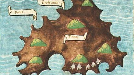 Karte der Insel Timor im Jahr 1522. Zeichnung in Antonio Pigafettas Tagebuch. 