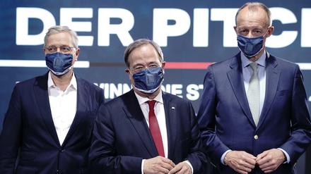 Die drei Kandidaten Norbert Röttgen, Friedrich Merz und Armin Laschet stellen sich der Debatte. 