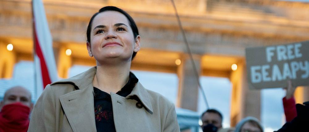 Die belarussische Oppositionsführerin Swetlana Tichanowskaja bei ihrem Besuch in Berlin.
