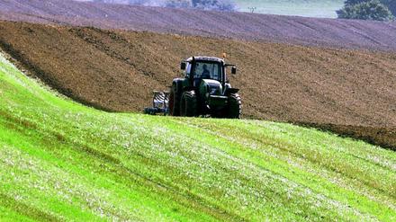 Ein Traktor fährt über ein Feld bei Rehna.